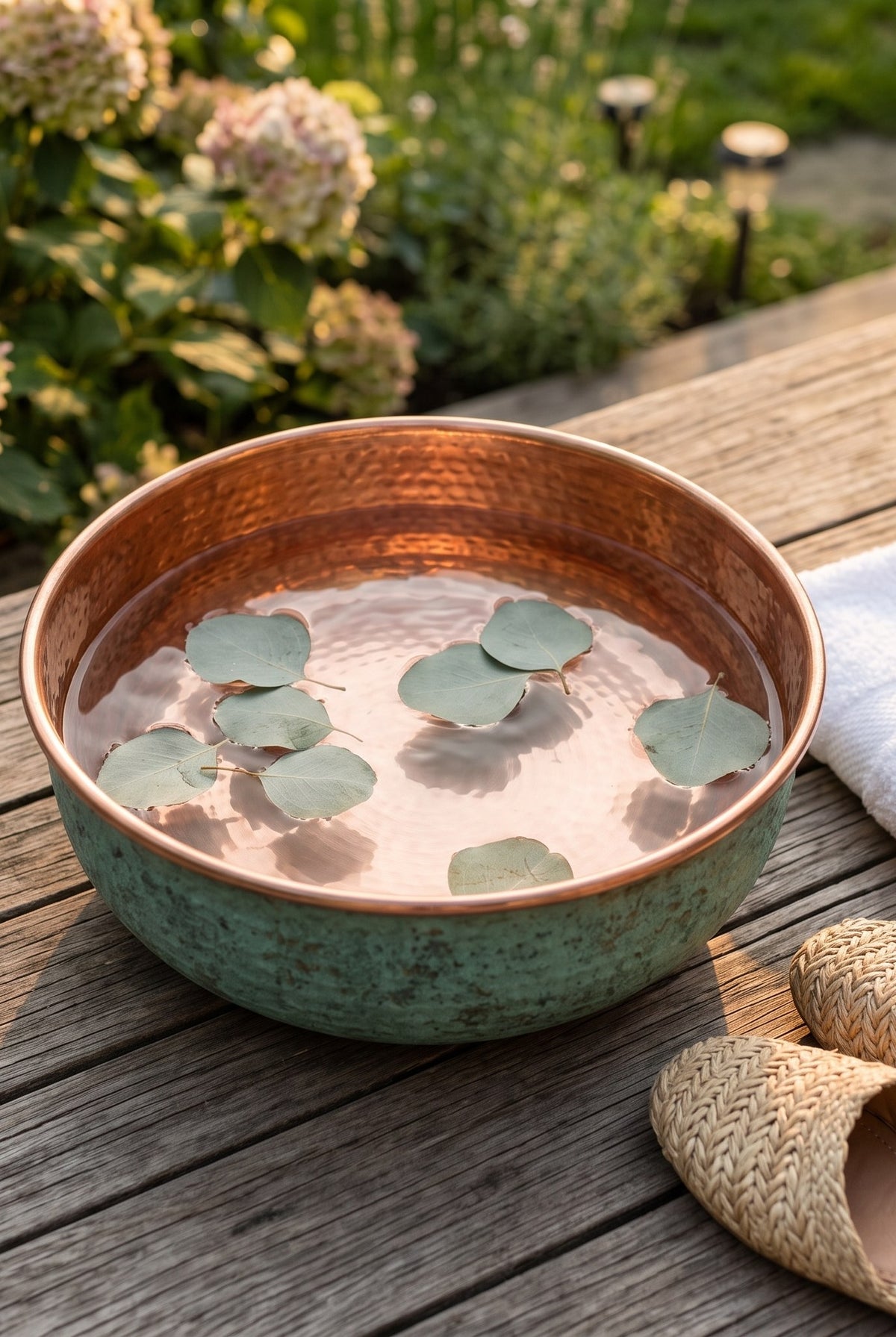 Green patina copper pedicure bowl filled with water on a timber deck beside a garden