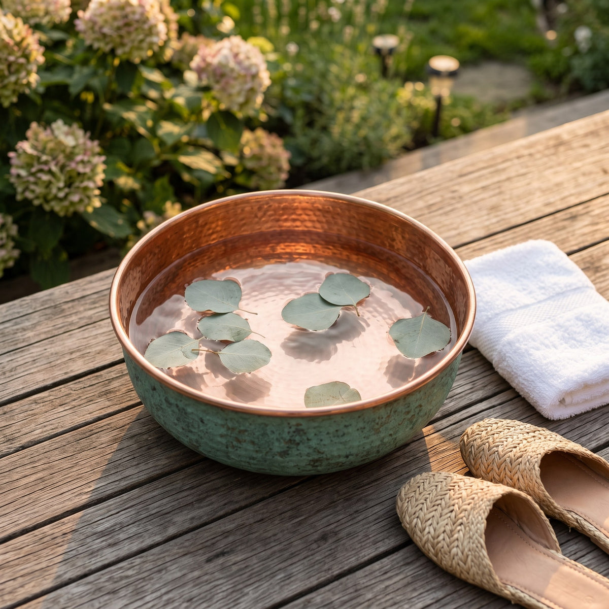 Green patina copper pedicure bowl filled with water on a timber deck beside a garden