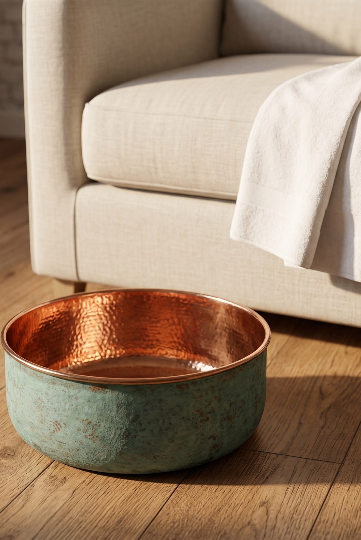Copper pedicure bowl on an oak floor beside a linen armchair and folded towel