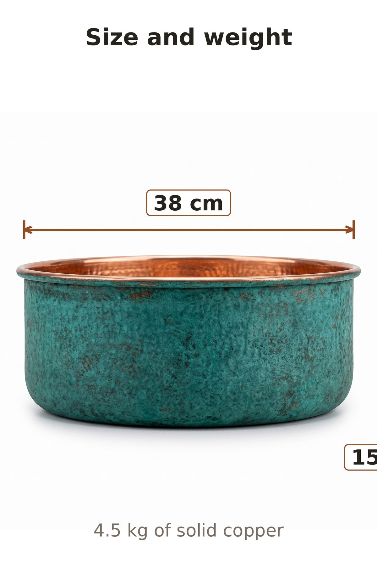 Measurement diagram showing the bowl is 38cm across the top and 15cm deep