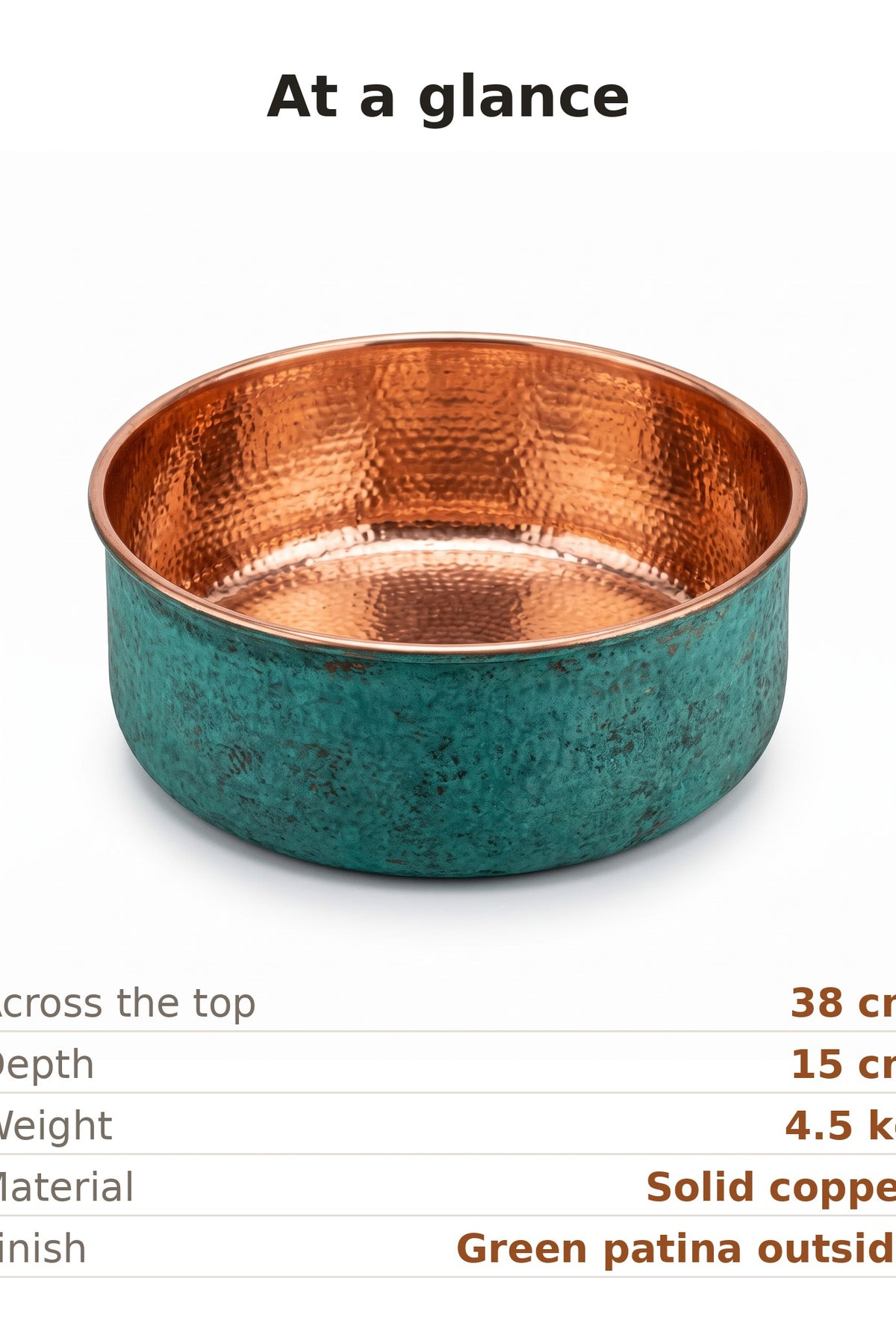 Size and weight summary, 38cm across, 15cm deep, 4.5kg of solid copper