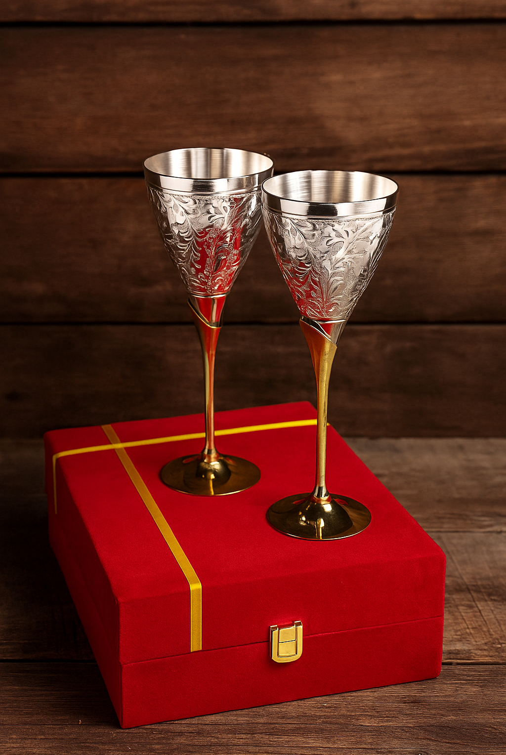 Two silver goblets on a red gift box against a wooden background
