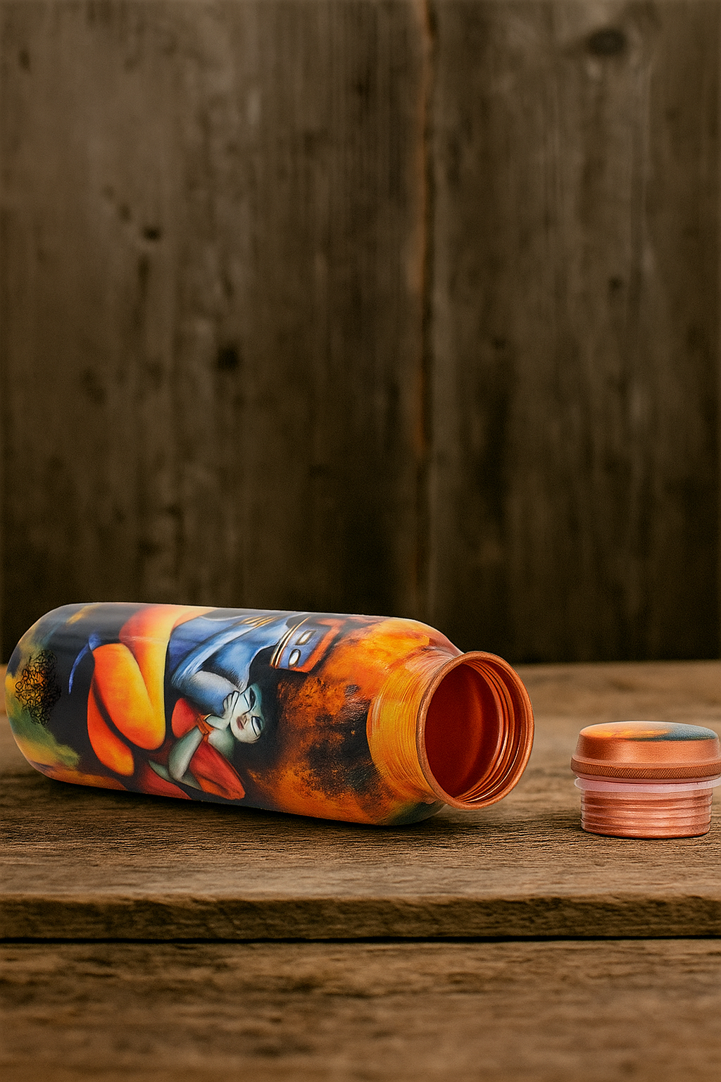 Colorful water bottle with a wooden background