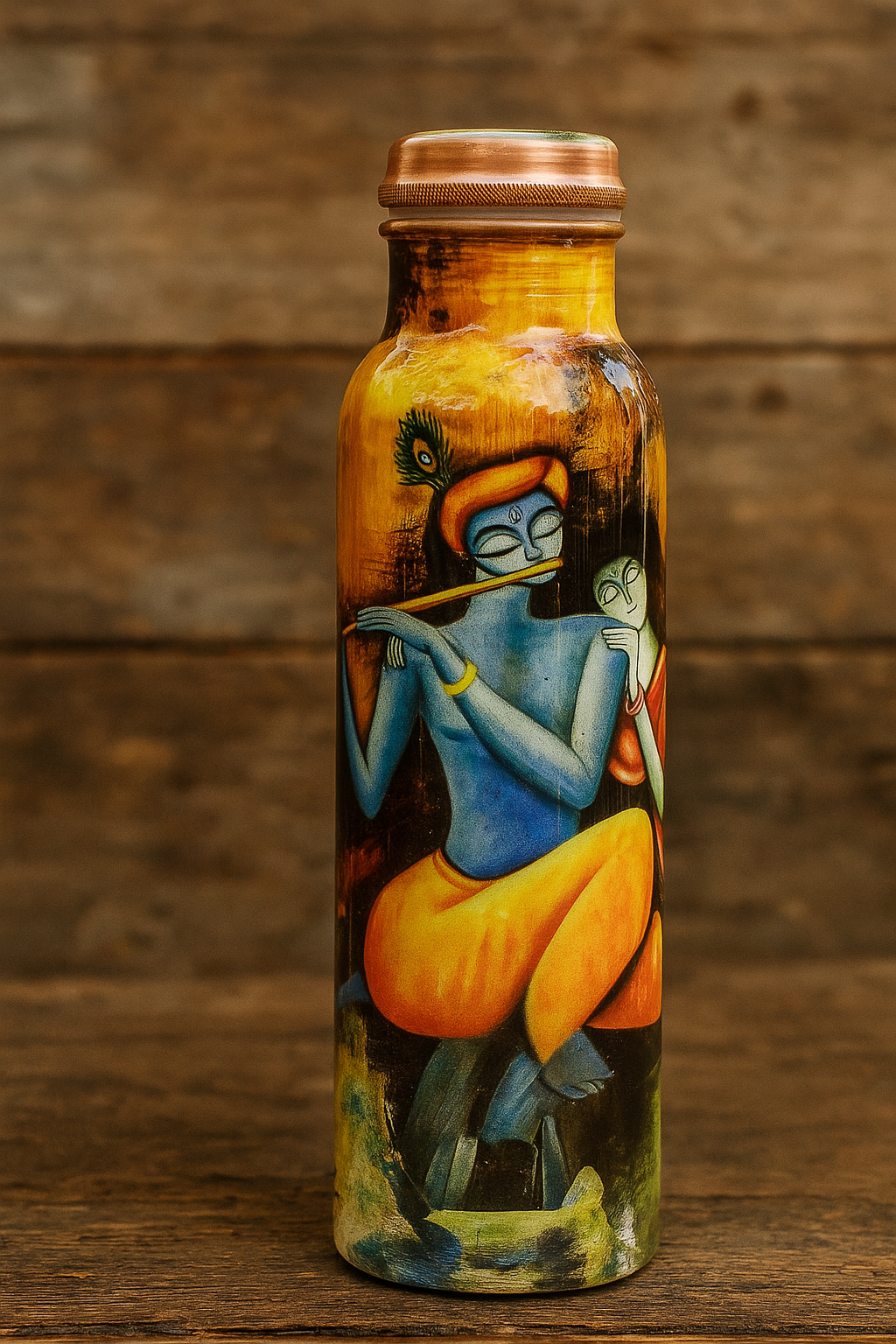 Decorative bottle with artistic design on a wooden background