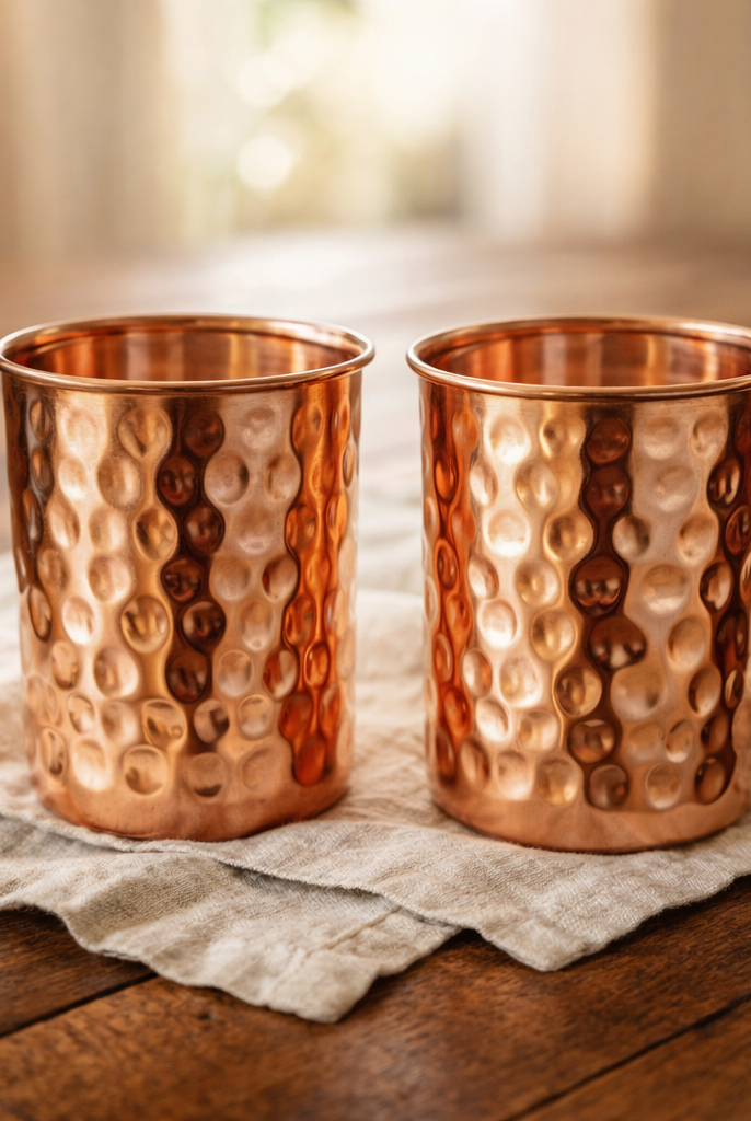 Two of the four hand hammered copper glasses from the set, 300ml each