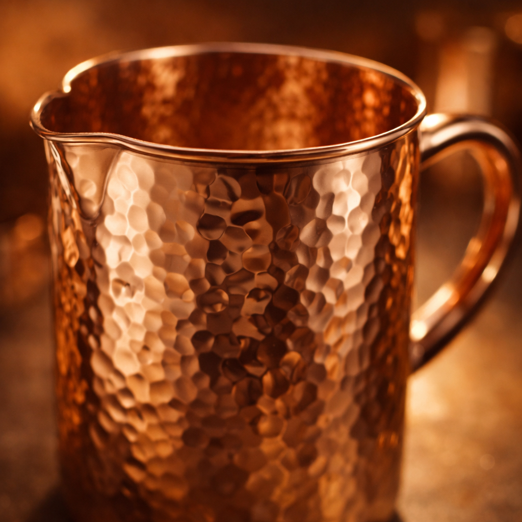 Close view of the honeycomb hammered texture on the copper jug