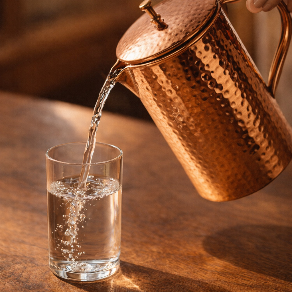 Hand hammered copper jug from the 1.5L set, showing the lid and curved handle