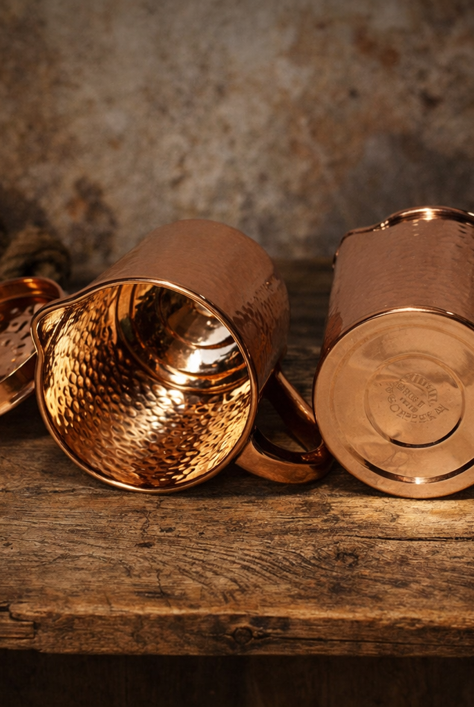 Solid copper 1.5 litre jug from the drinks set, hammered finish and pouring lip