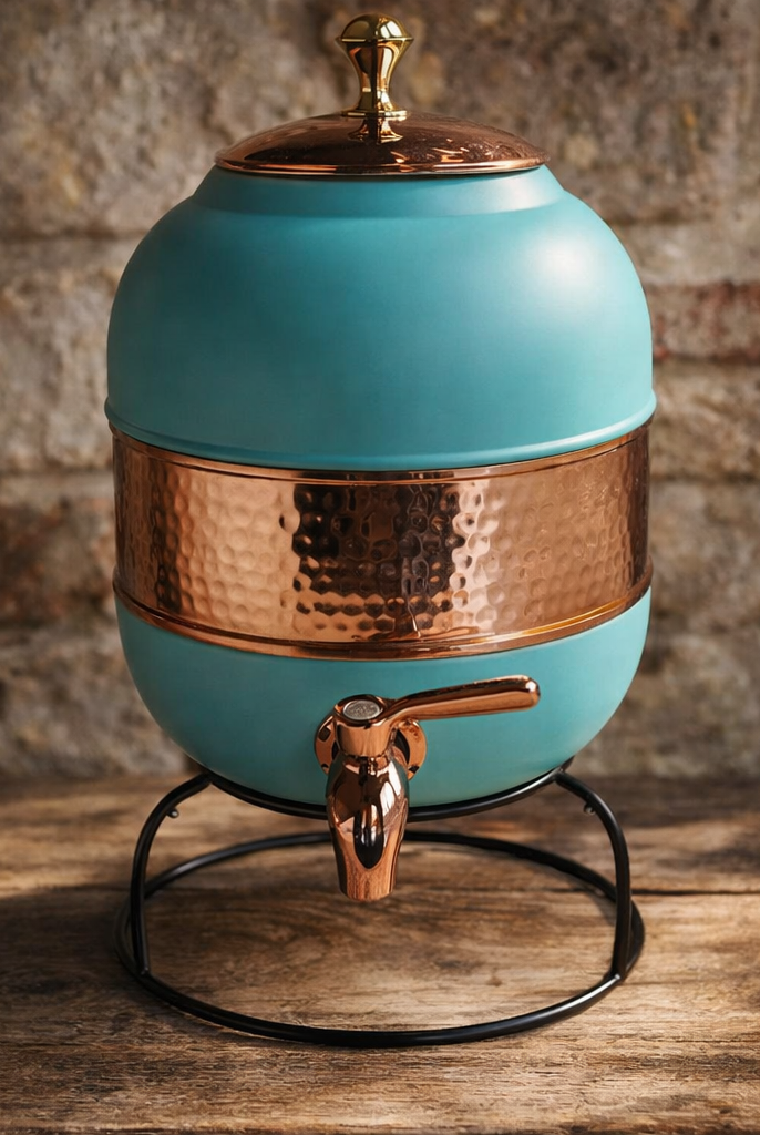 Turquoise copper water dispenser with hammered band and stand