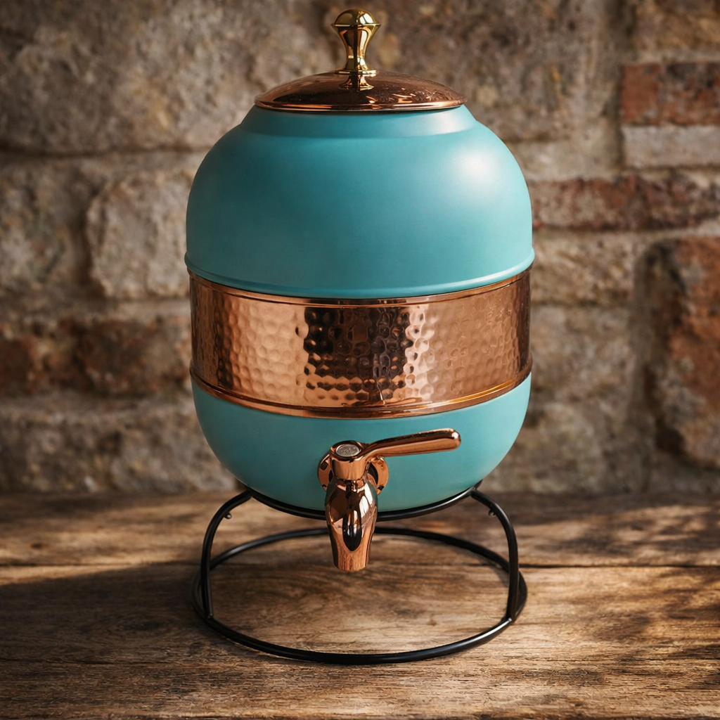 Turquoise copper water dispenser with hammered band and stand