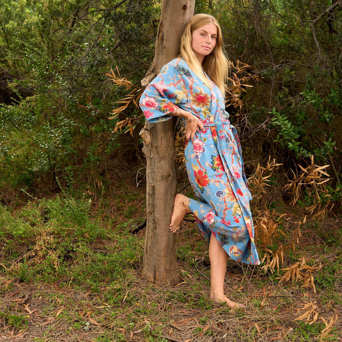 Serene Sky Waffle Cotton Kimono Robe - Floral Elegance in Blue