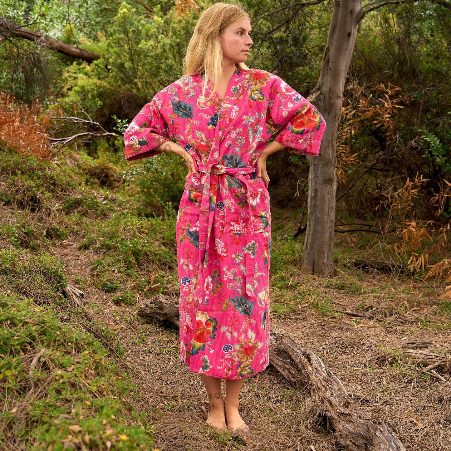 Bohemian Blossom Cotton Waffle Kimono Robe - Pink Floral