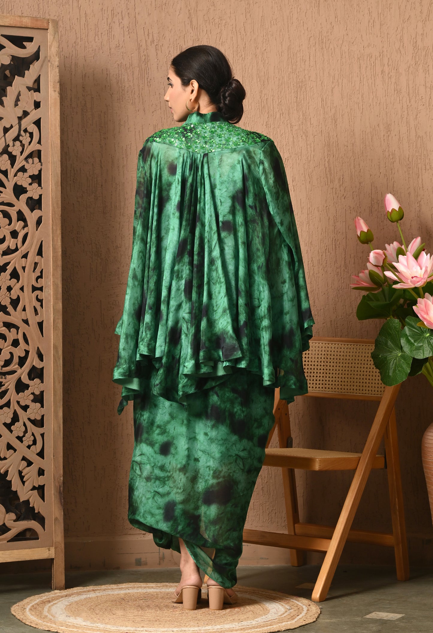 Green And Black Tie and Die Indowestern Three Pc Set