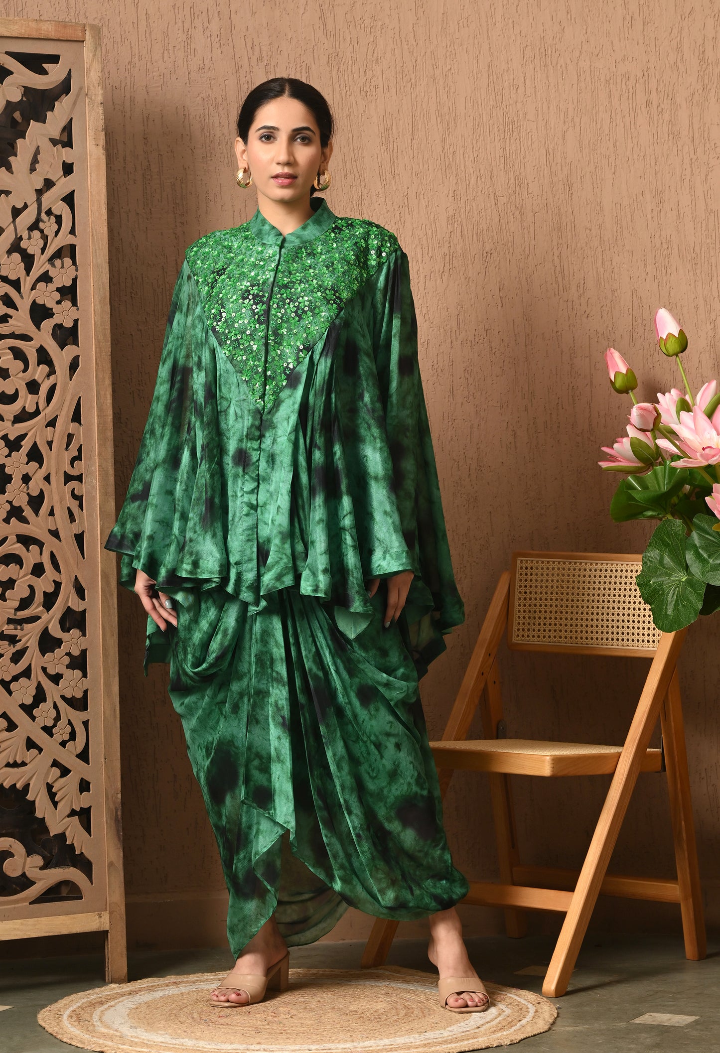 Green And Black Tie and Die Indowestern Three Pc Set