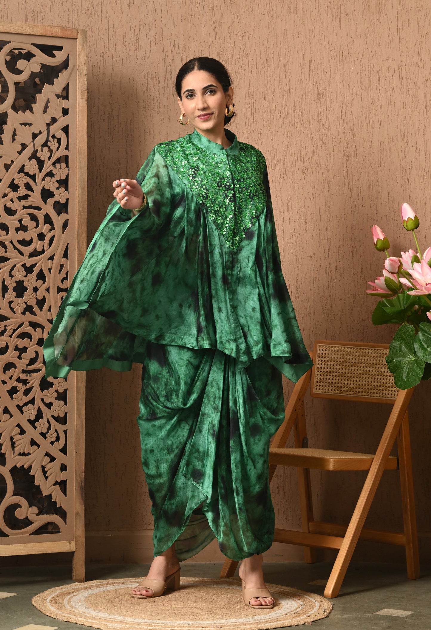 Green And Black Tie and Die Indowestern Three Pc Set