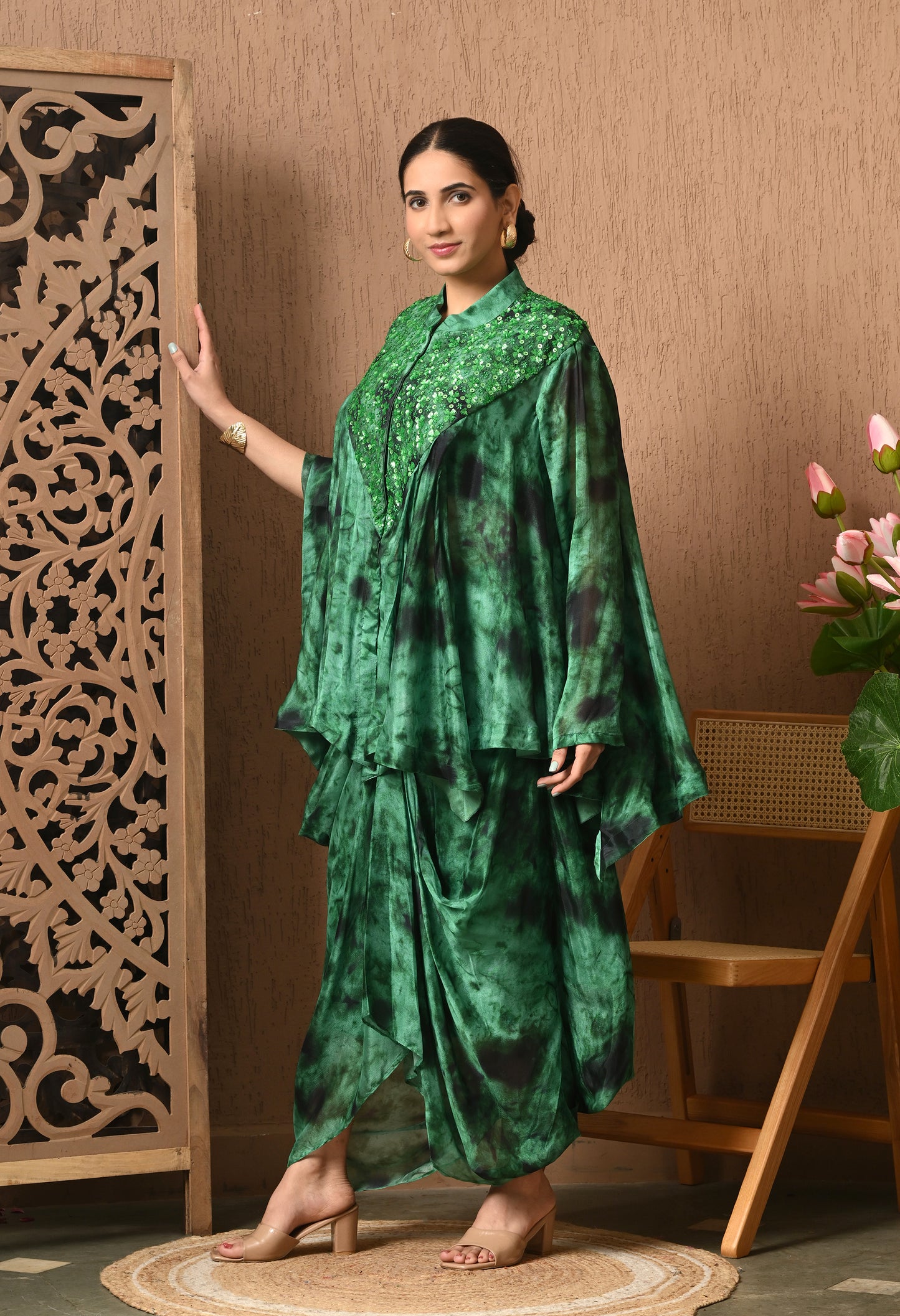 Green And Black Tie and Die Indowestern Three Pc Set