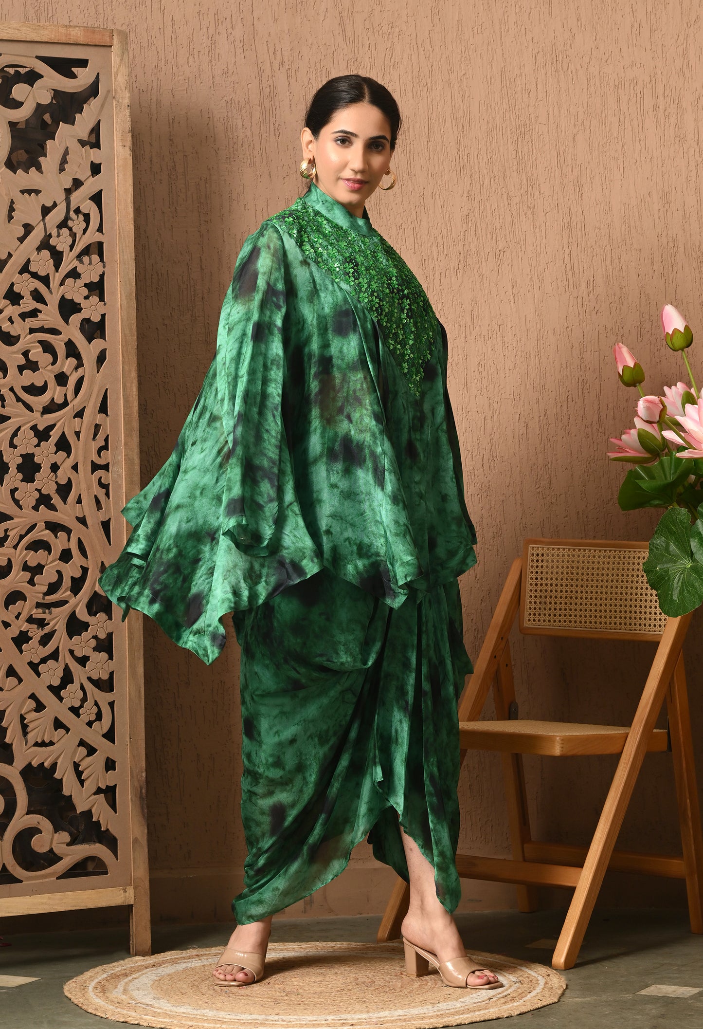 Green And Black Tie and Die Indowestern Three Pc Set
