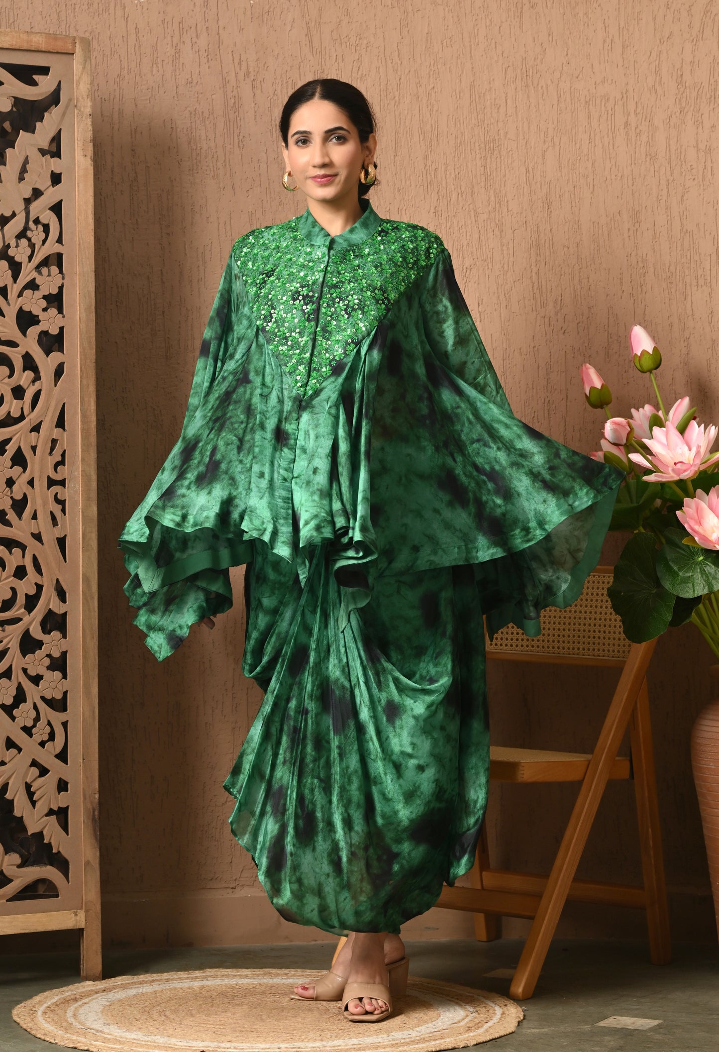 Green And Black Tie and Die Indowestern Three Pc Set