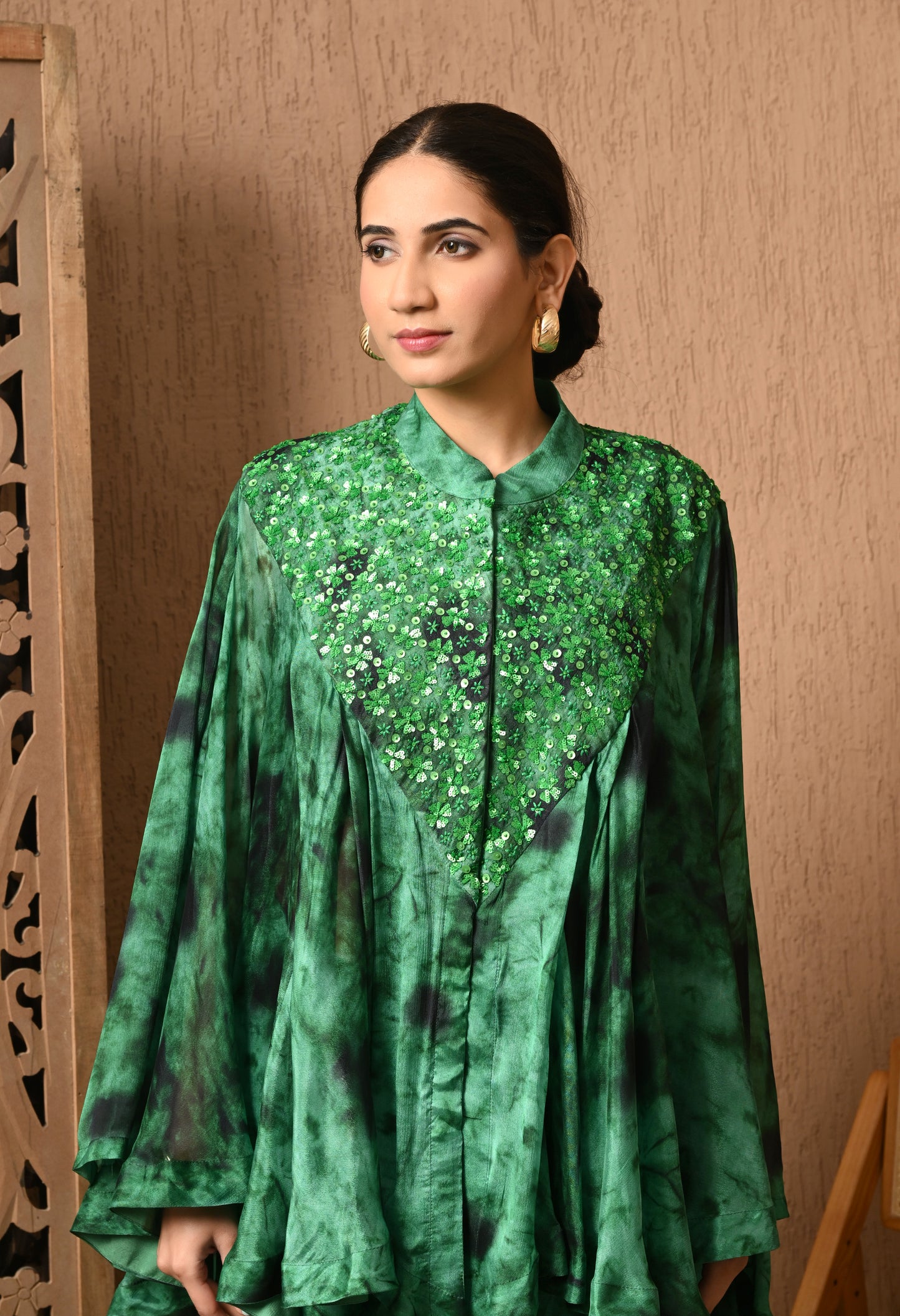 Green And Black Tie and Die Indowestern Three Pc Set