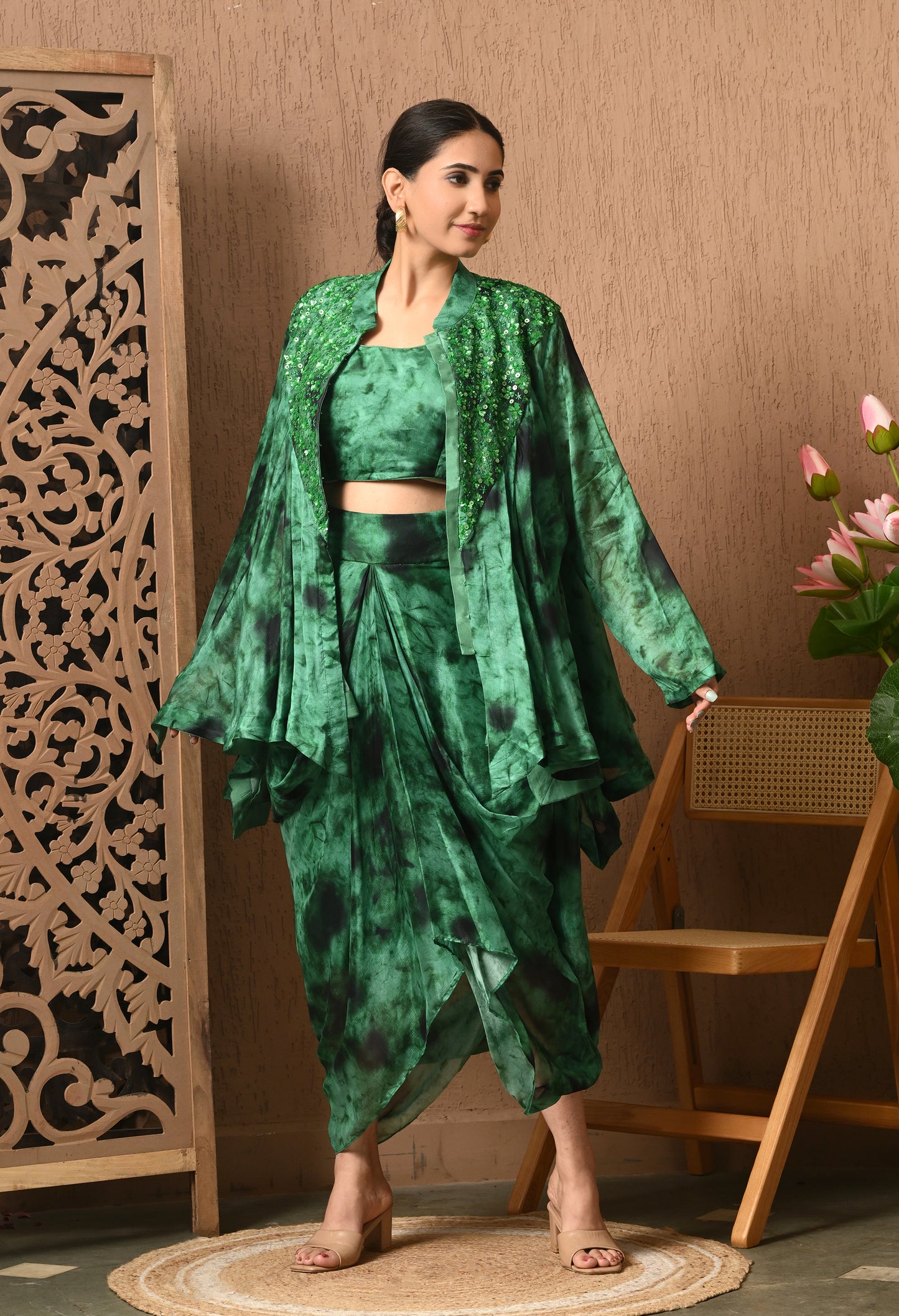 Green And Black Tie and Die Indowestern Three Pc Set