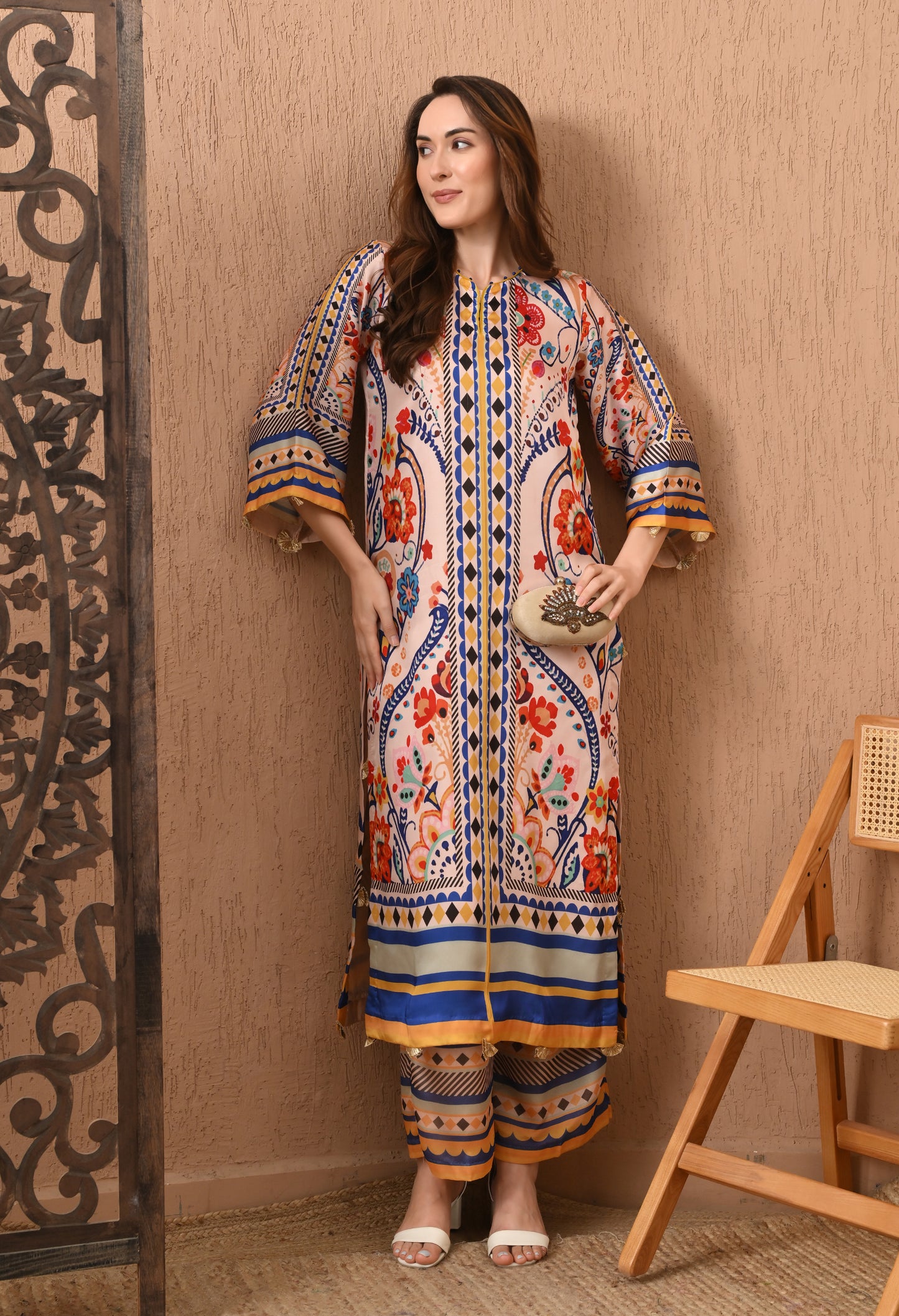 Vibrant Floral & Geometric 2-Piece Satin Silk Set/Pakistani suit