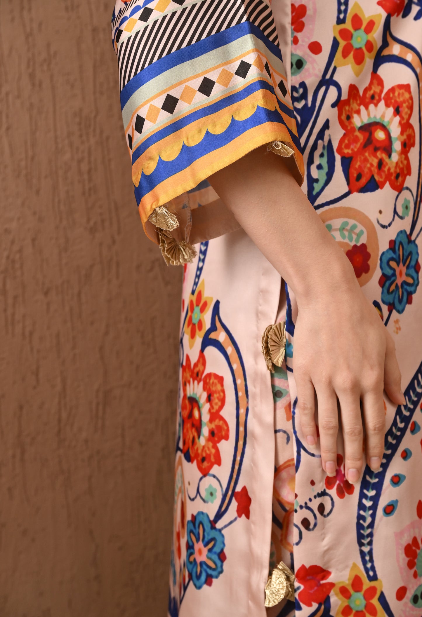 Vibrant Floral & Geometric 2-Piece Satin Silk Set/Pakistani suit