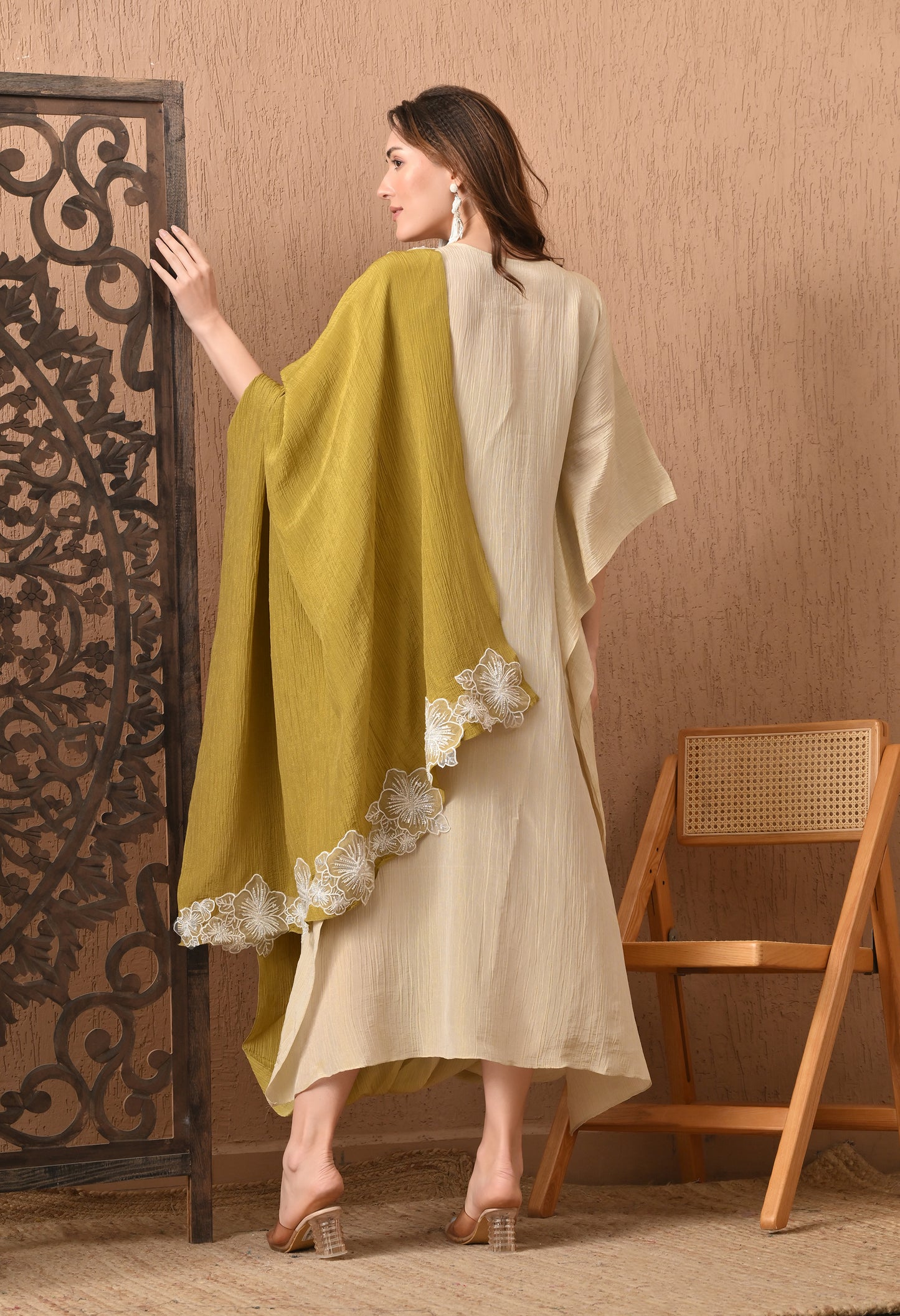 Olive Blossom Kaftan Indo Western crushed crape fabric