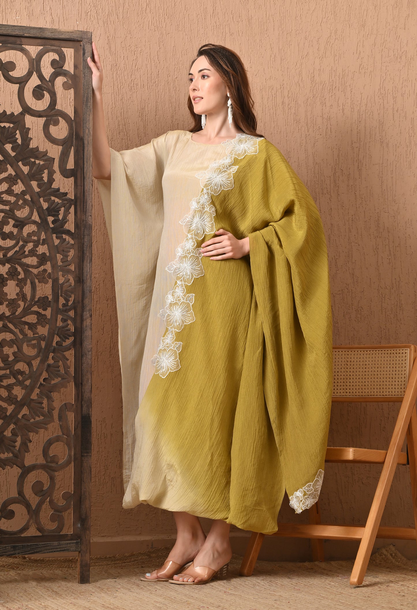 Olive Blossom Kaftan Indo Western crushed crape fabric
