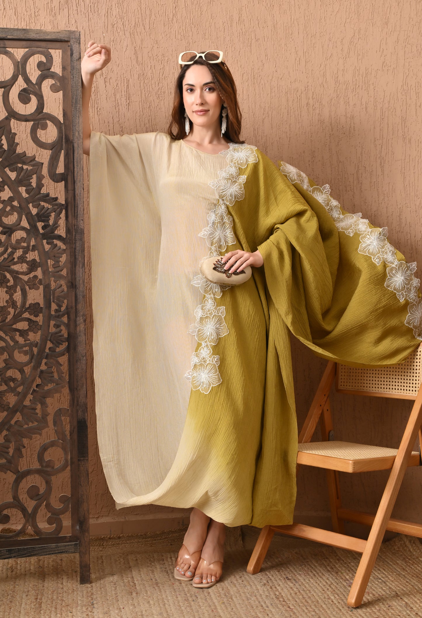 Olive Blossom Kaftan Indo Western crushed crape fabric