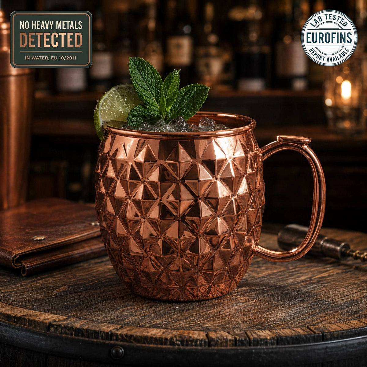 Embossed copper Moscow mule mug 475ml, Eurofins lab report available