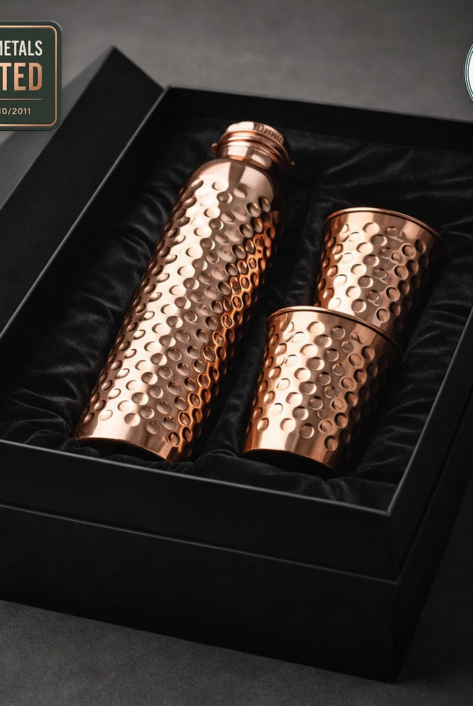 Copper bottle and two glasses gift set, independently lab tested, no heavy metals detected