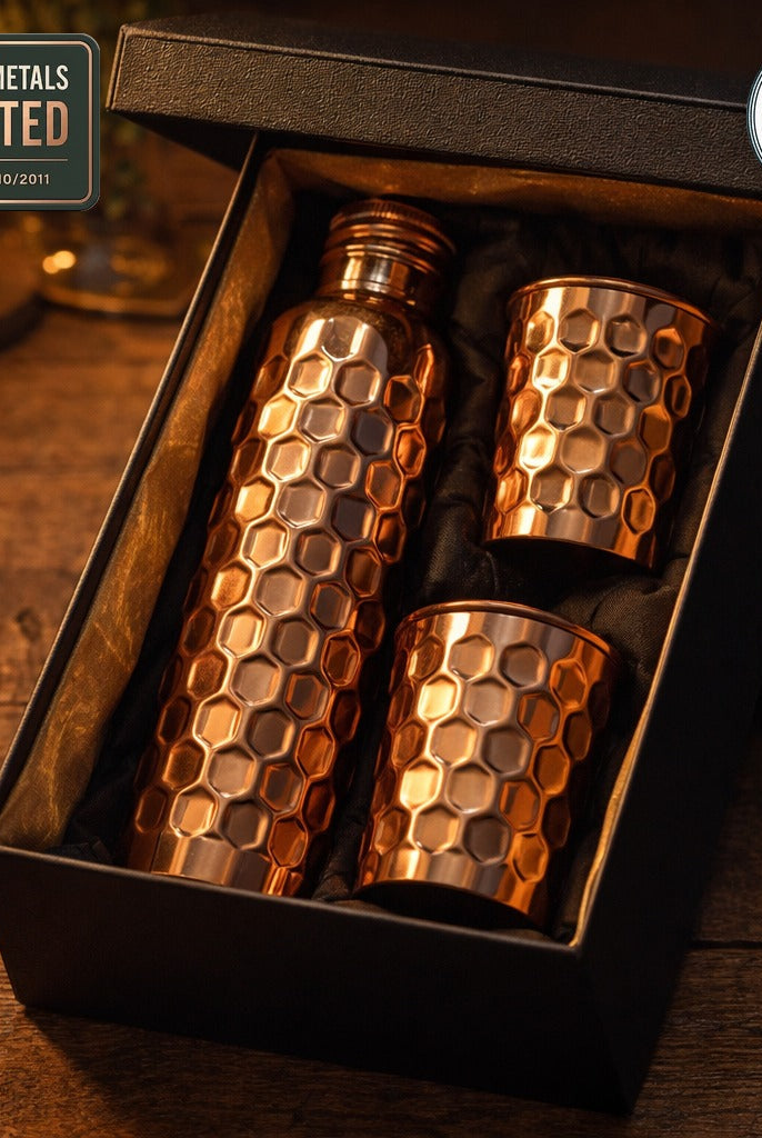 Embossed copper bottle gift set with tumblers, Eurofins lab report available