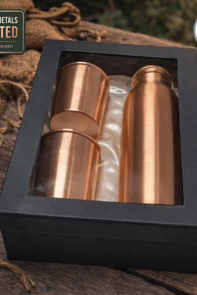 Plain copper bottle gift set with two 300ml tumblers, laboratory tested