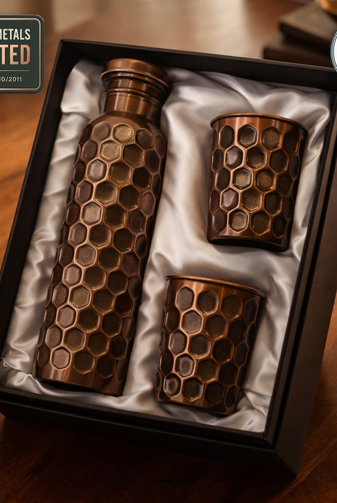 Antique look copper bottle and glass set, Eurofins tested for heavy metal migration
