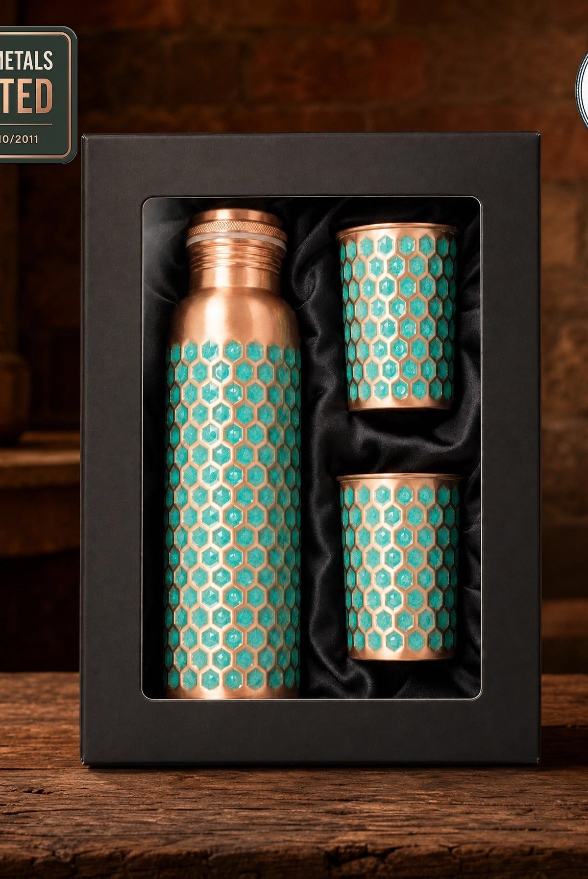 Green honeycomb copper bottle and glasses gift set, Eurofins lab tested