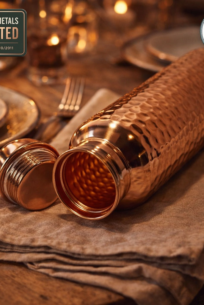 Hand hammered copper water bottle, Eurofins lab tested, no heavy metals detected in water