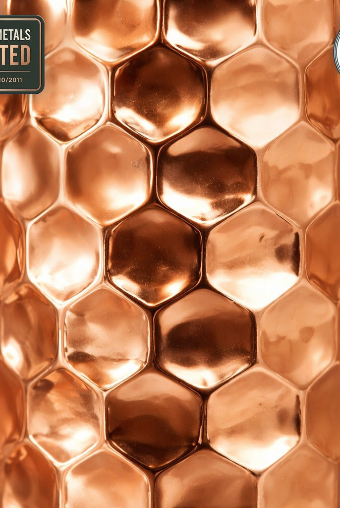 Embossed copper water bottle with shiny polish, independently lab tested, no heavy metals detected