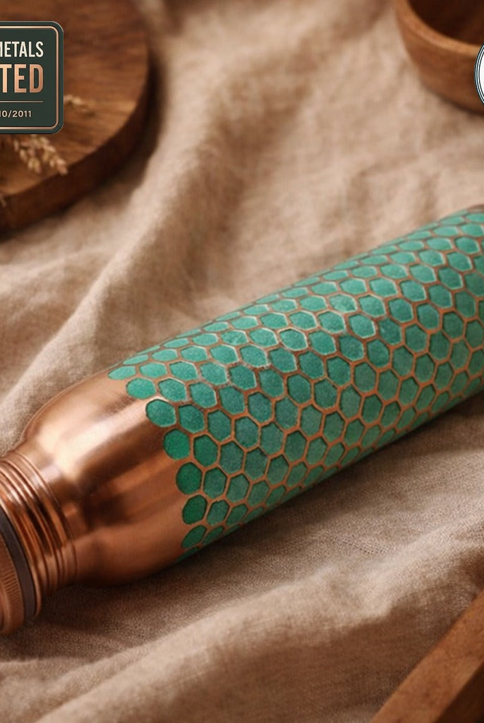 Green finish embossed copper bottle 950ml, Eurofins lab report available