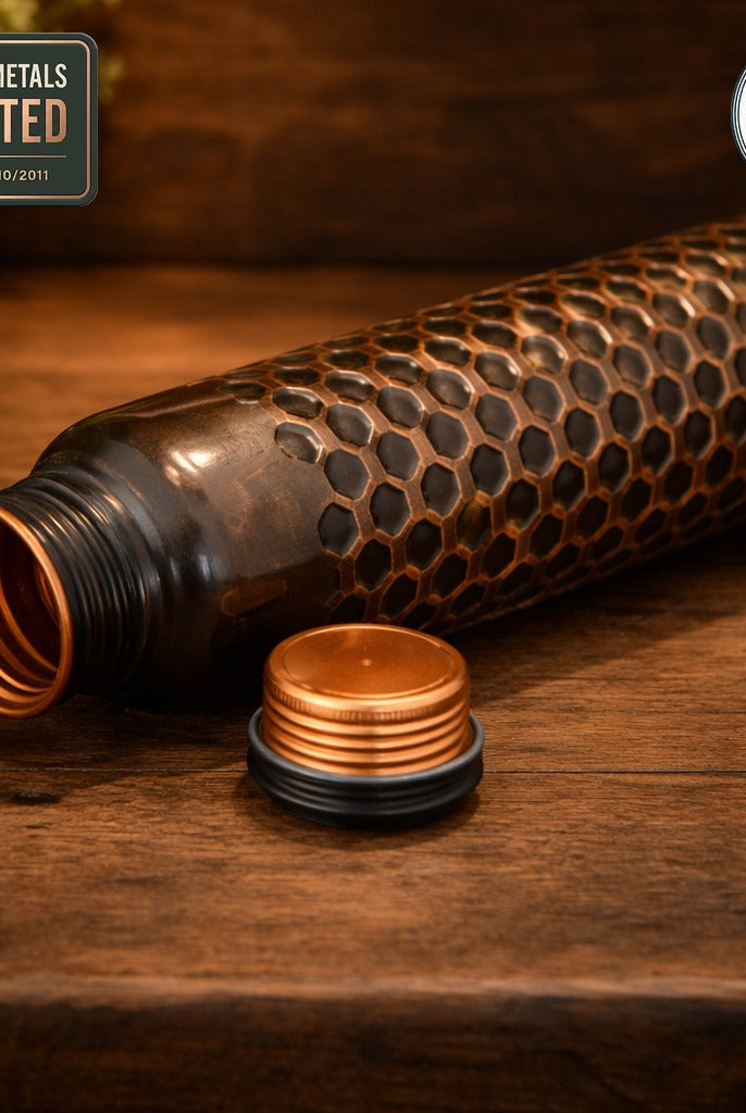 Antique embossed Ayurvedic copper bottle, laboratory tested, no heavy metals detected in water