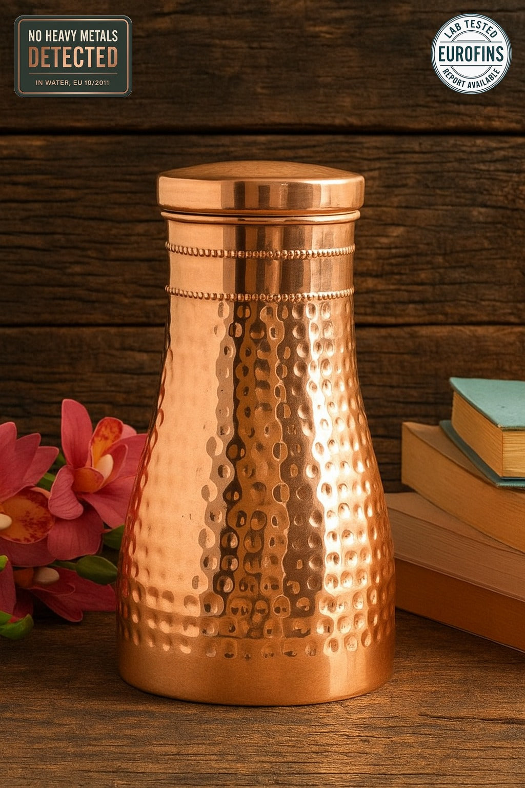 Hammered copper bedroom bottle with glass, no heavy metals detected in laboratory testing