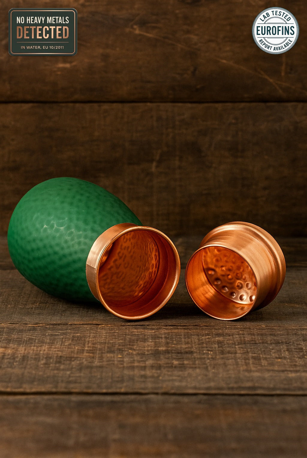 Green copper bedroom bottle with inbuilt glass, Eurofins lab report available