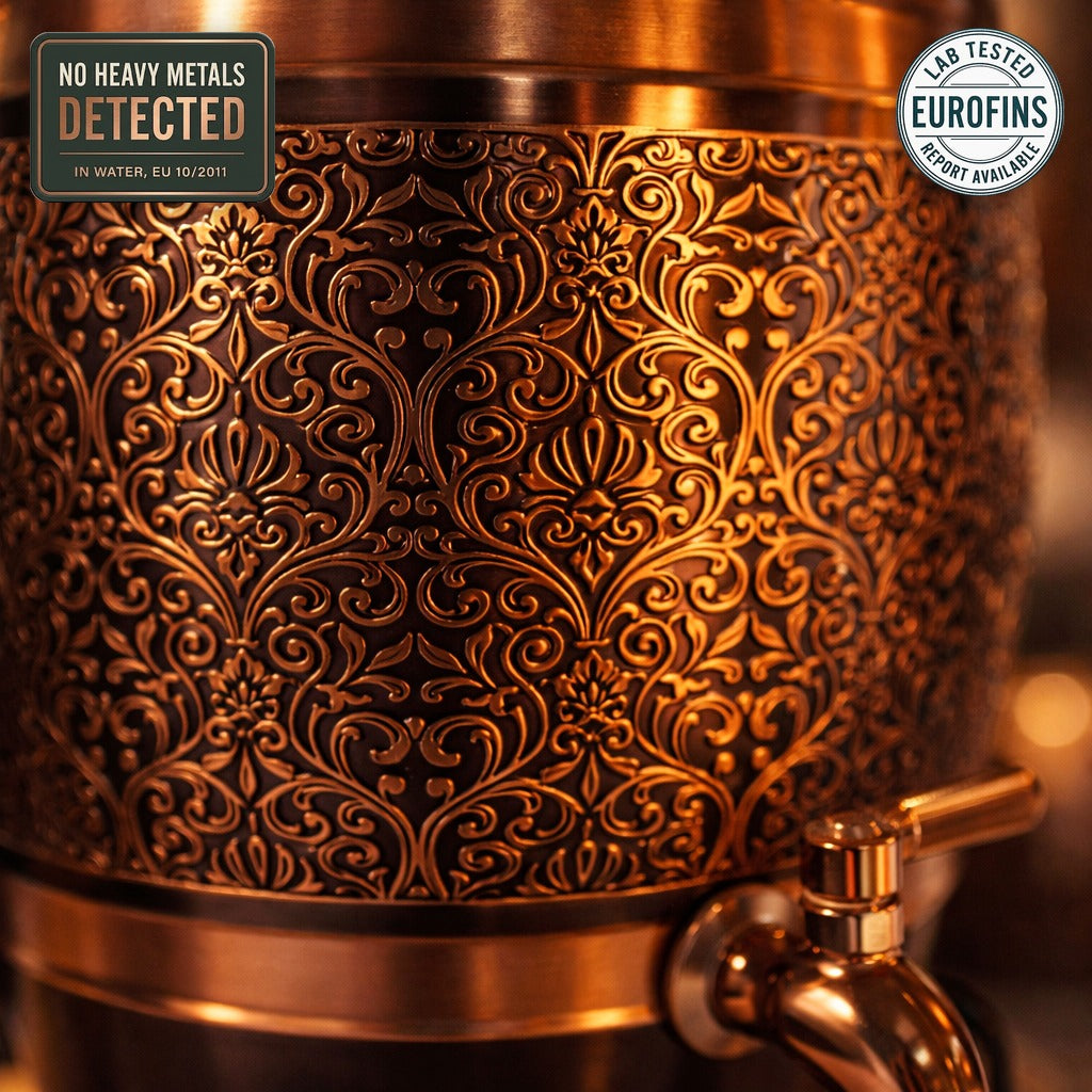 Antique etched copper water dispenser, independently tested for heavy metal migration