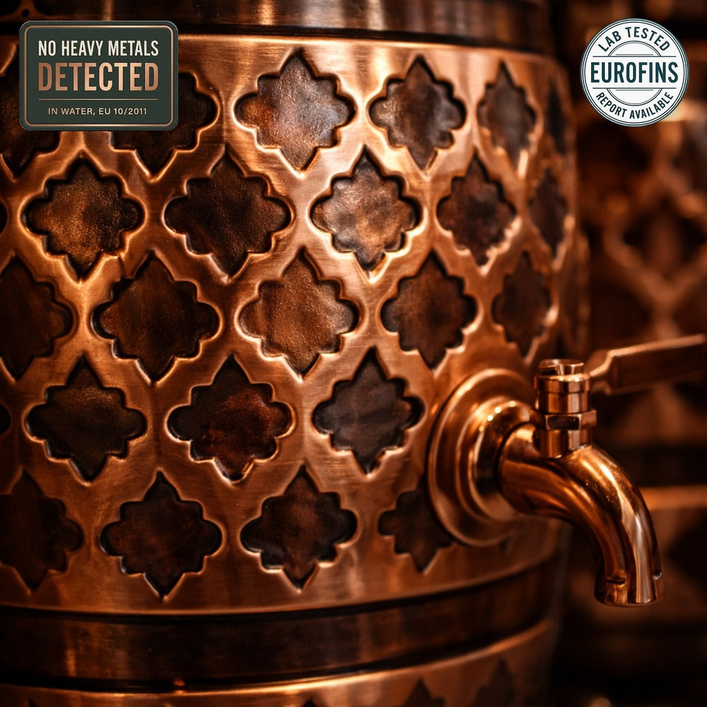 Antique embossed copper water dispenser with stand, Eurofins lab report available