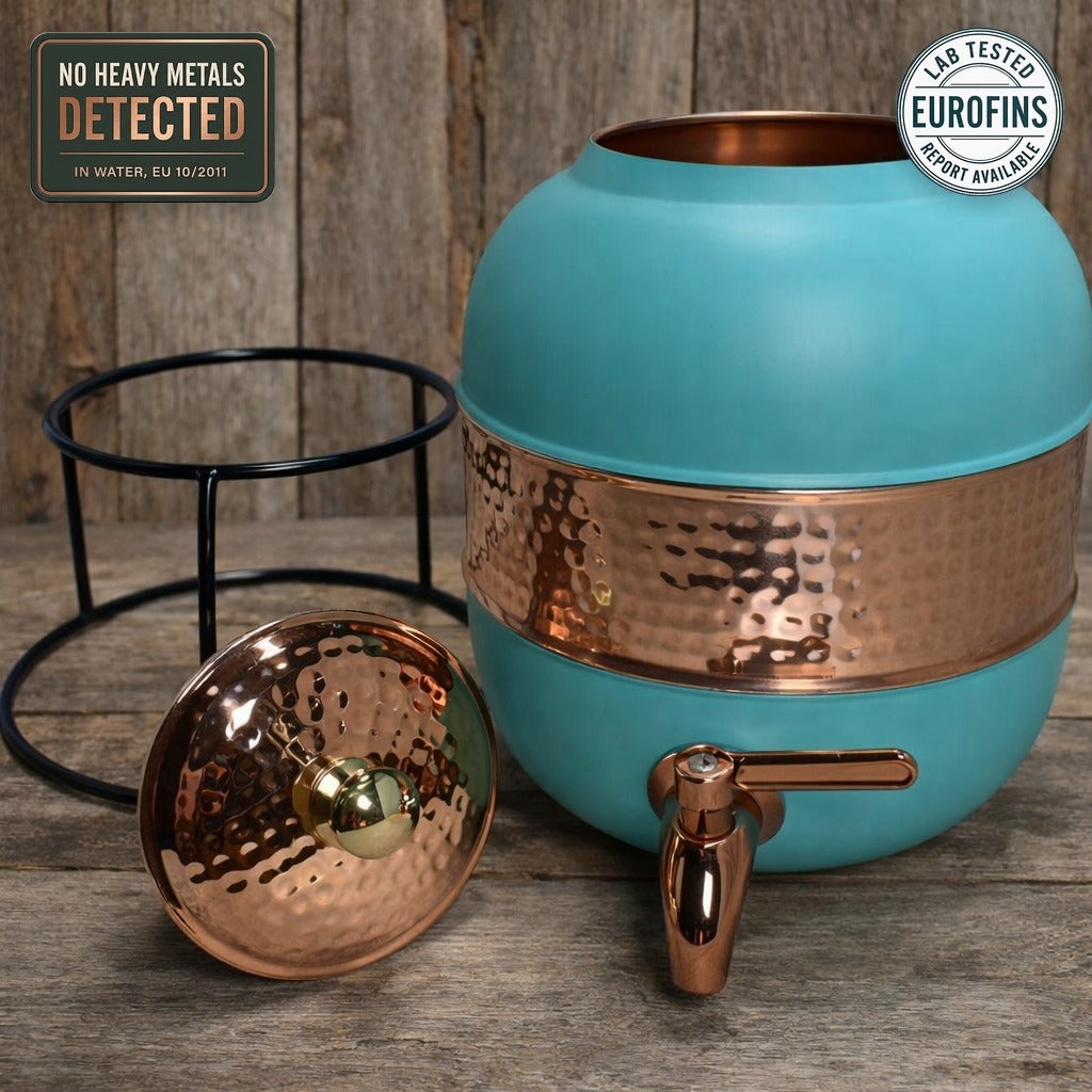 Turquoise half hammered copper water dispenser, Eurofins tested for heavy metals