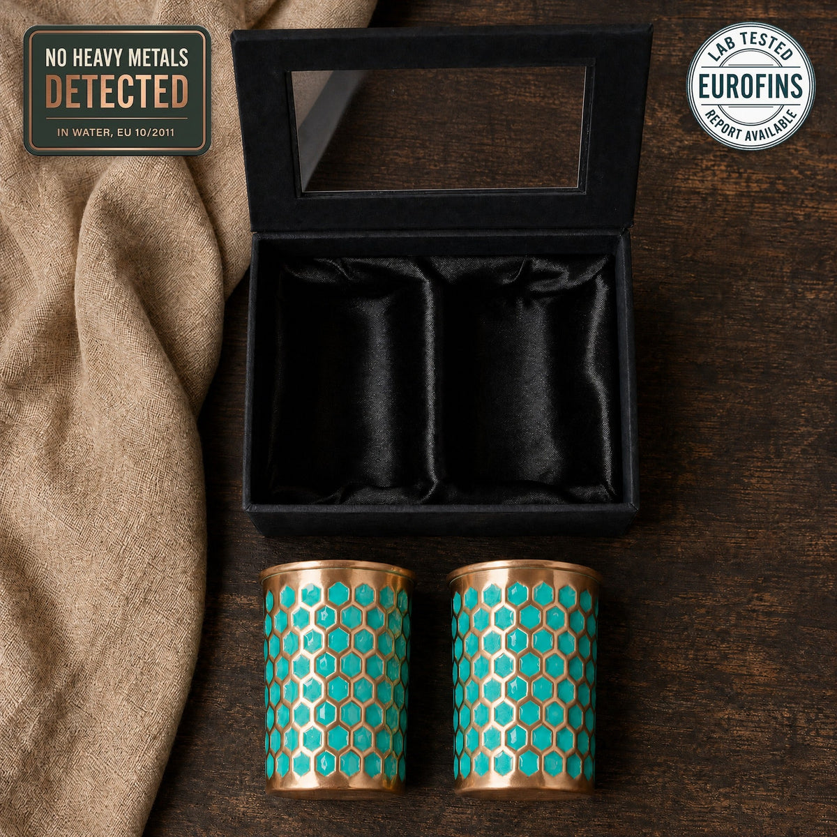 Teal honeycomb copper tumblers set of two, Eurofins tested for heavy metals