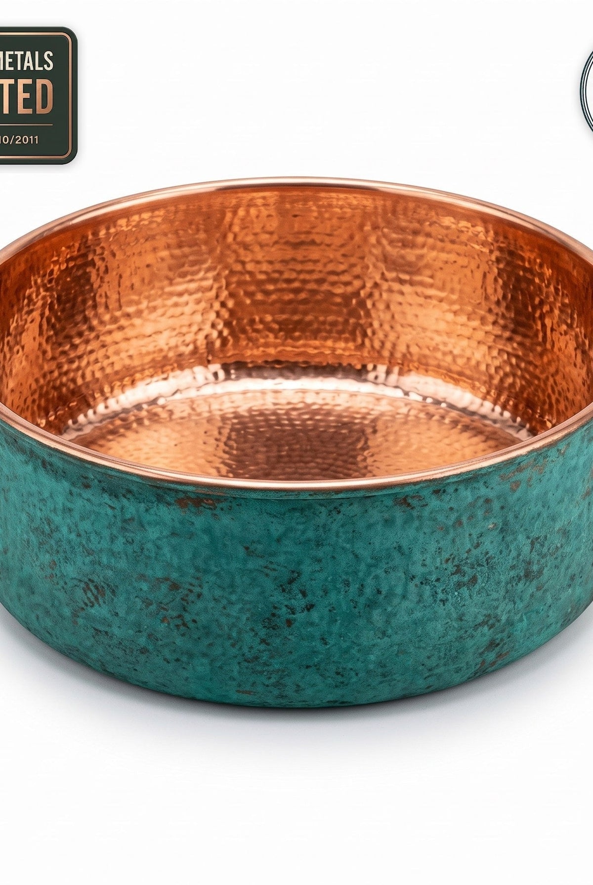 Hand hammered copper pedicure bowl with green patina, Eurofins lab report available