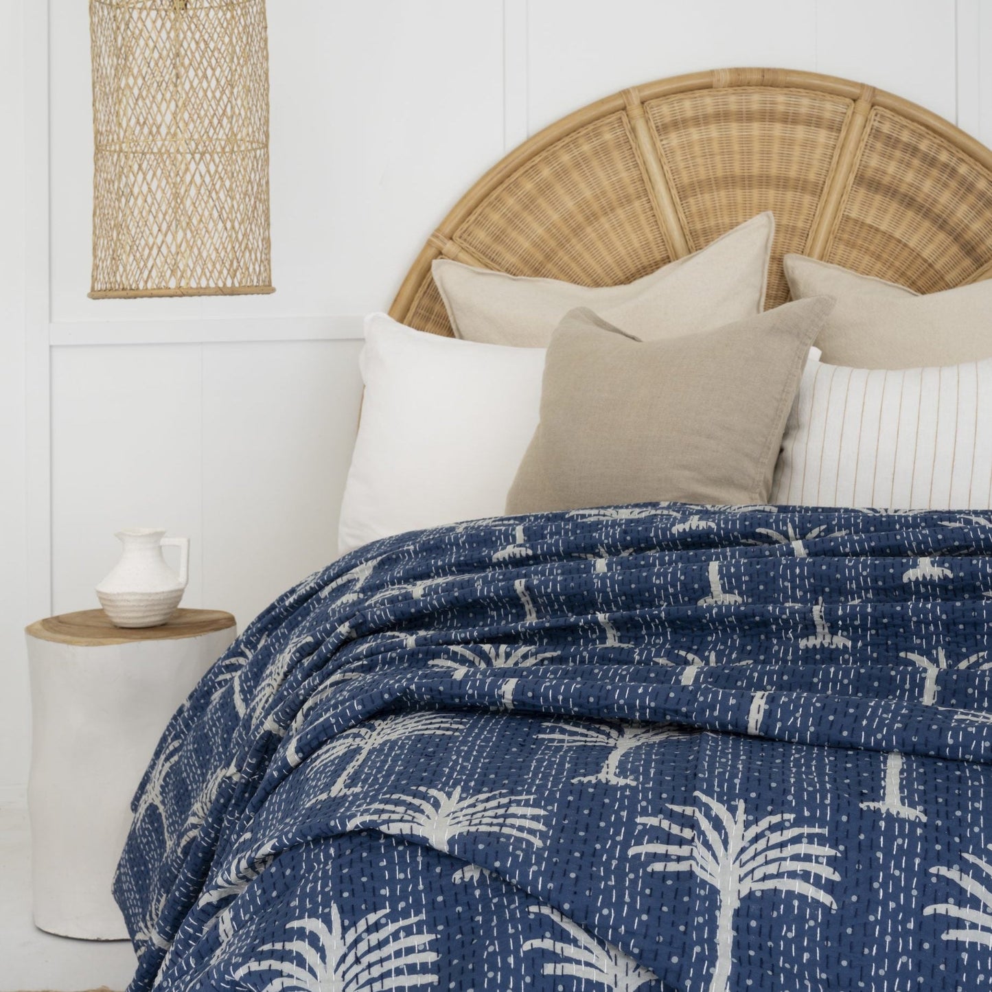 Palm Tree Indigo Kantha Quilt Bedspread Throw