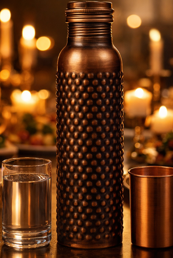 Traditional antique finish copper water bottle displayed on a rustic wooden table.