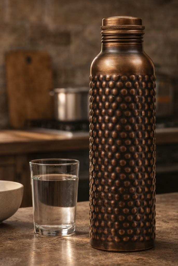 A pure copper water bottle with antique embossing placed on a stone surface in a kitchen.