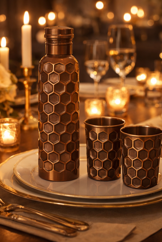 Pure copper embossed water bottle and two glasses with an antique finish